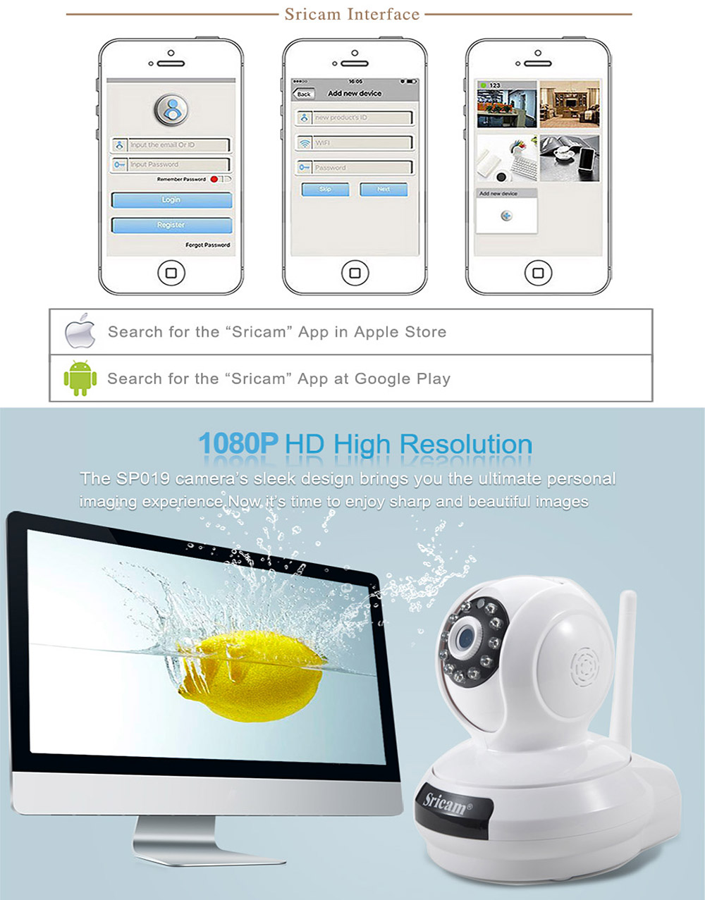 Sricam SP019 WiFi 1080P IP Camera Built-in IR-cut Onvif 128GB Micro SD Card Night Vision Indoor 11pcs IR Illumination LEDs P2P PT CMOS Sensor -Black