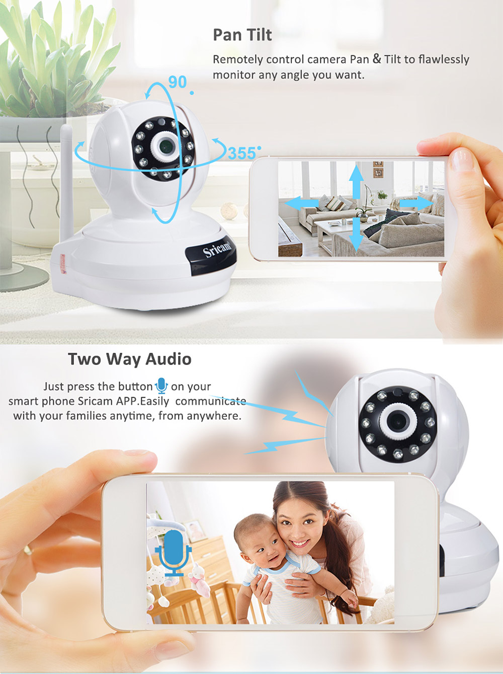 Sricam SP019 WiFi 1080P IP Camera Built-in IR-cut Onvif 128GB Micro SD Card Night Vision Indoor 11pcs IR Illumination LEDs P2P PT CMOS Sensor -Black