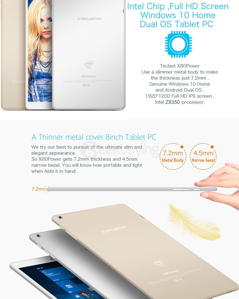 Teclast X80 Power Tablet 8 inch Intel Cherry Trail X5-Z8350 Dual OS Windows 10 + Android 5.1 2GB/32GB Quad Core 1.92GHz IPS 1920*1200 Metal Shell - Gold