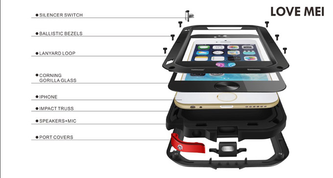 Love Mei Water/Dirt/Shockproof Protective Case Metal and Silicon Cover For iPhone 6 - Black