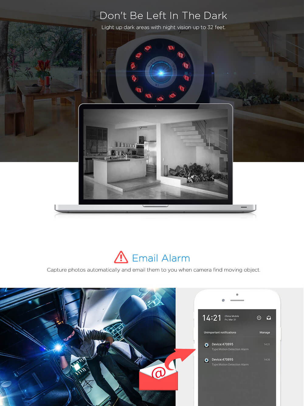 Sricam SP017 WiFi 720P IP Camera Built-in IR-cut Onvif 128GB Micro SD Card Night Vision Indoor 11pcs IR Illumination LEDs P2P PT CMOS Sensor -White