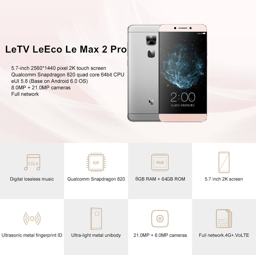 [HK Stock][EU Version]LeTV LeEco Le Max 2 Pro/X820 5.7inch 4G LTE Smartphone 2K Screen  6GB 64GB Qualcomm Snapdragon 820 21MP Android 6.0 Touch ID Type-C Fast Charge - Gray