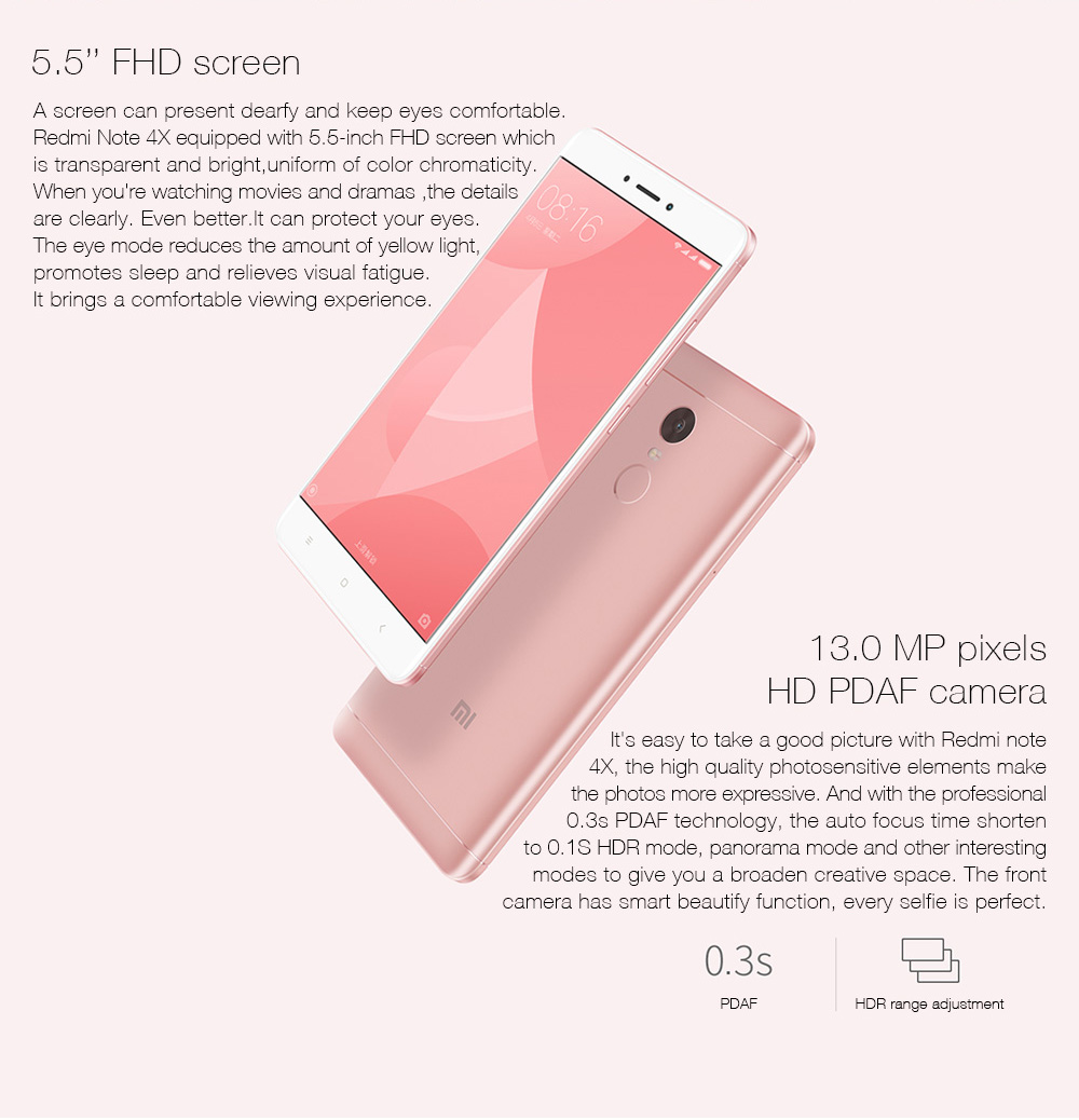 Xiaomi Redmi Note 4X 5.5 Inch FHD Screen 4G RAM 64GB ROM 13.0MP Cam Helio X20 MT6797 Deca Core MIUI 8 4G LTE Smartphone Touch ID 4100mAh Battery - Black