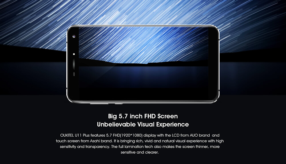 [HK Stock]Oukitel U11 Plus 5.7 Inch Smartphone FHD Screen 4GB RAM 64GB ROM MT6750T Octa Core 13.0MP Cam Android 7.0 Touch ID 3700mAh - Black