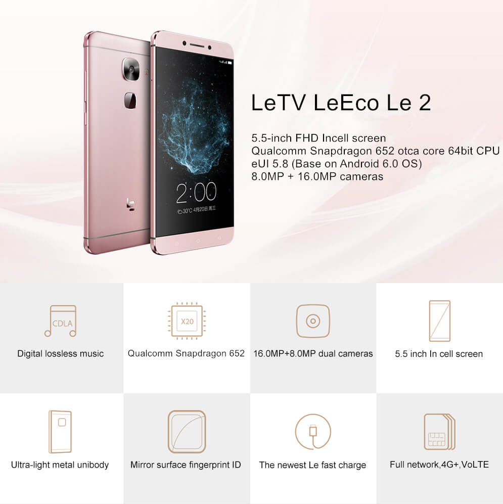 [HK Stock]LeTV LeEco Le 2 X520 5.5 Inch 4G LTE Smartphone FHD In-cell Screen 3GB 32GB Snapdragon 652 16.0MP Android 6.0 Touch ID Type-C CDLA  - Gray
