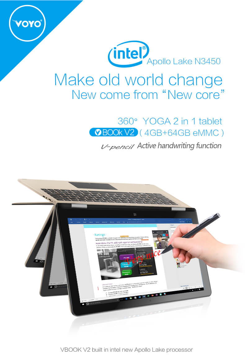 Voyo VBook V2 2in1 Tablet 11.6 Inch 4GB RAM 64GB ROM Windows 10 Intel Celeron N3450 Quad Core 2.2GHz 1080P Camera Wifi - Gold