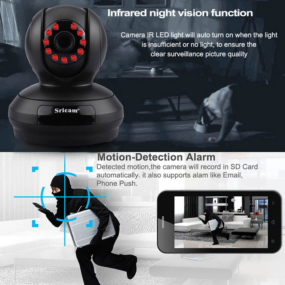Sricam SP019 WiFi 1080P IP Camera Built-in IR-cut Onvif 128GB Micro SD Card Night Vision Indoor 11pcs IR Illumination LEDs P2P PT CMOS Sensor -Black