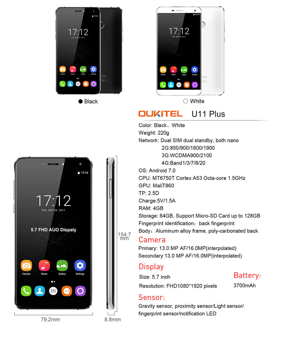[HK Stock]Oukitel U11 Plus 5.7 Inch Smartphone FHD Screen 4GB RAM 64GB ROM MT6750T Octa Core 13.0MP Cam Android 7.0 Touch ID 3700mAh - Black