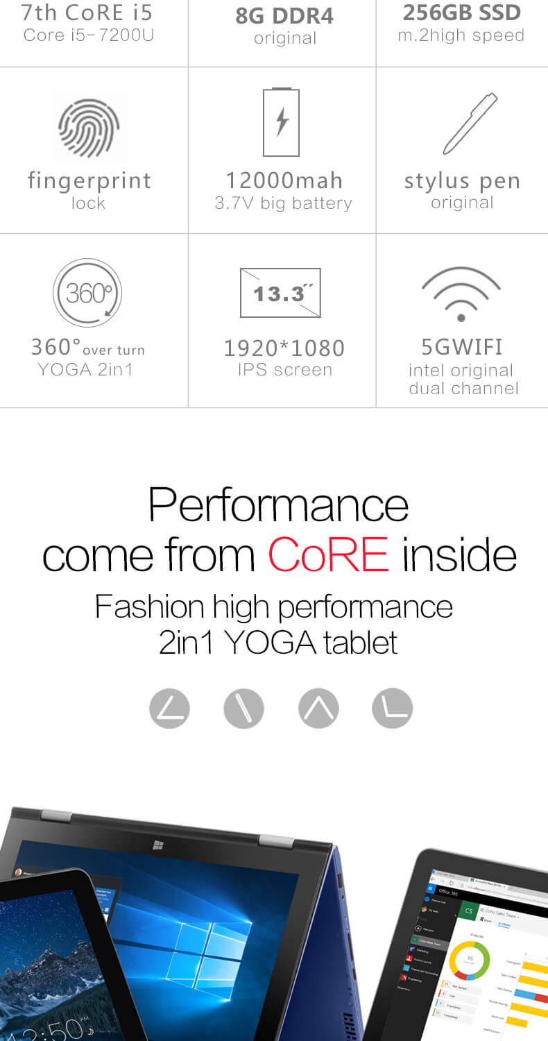 VOYO VBook V3 13.3 Inch Notebook Windows 10 Intel Core i5-7200U 3.1GHz 8GB RAM 256GB ROM Dual Core 12000mAh Bluetooth Camera Wifi - Blue