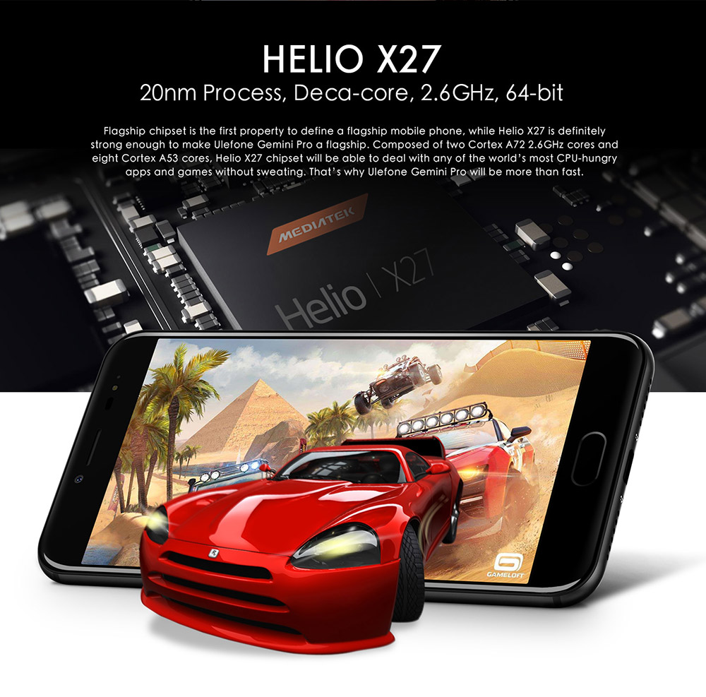[HK Stock]Ulefone Gemini Pro 5.5 Inch 4G LTE Smartphone Dual Cam 13.0MP 4GB 64GB Helio X27 MTK6797 Deca Core Android 7.1 Touch ID Type-C 3680mAh - Red