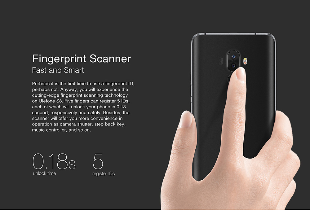 [HK Stock]Ulefone S8 5.3 Inch Smartphone 13.0MP + 5.0MP Dual Rear Camera HD Screen MTK6580 Quad Core 8GB ROM Android 7.0 Touch ID  FM GPS - Black