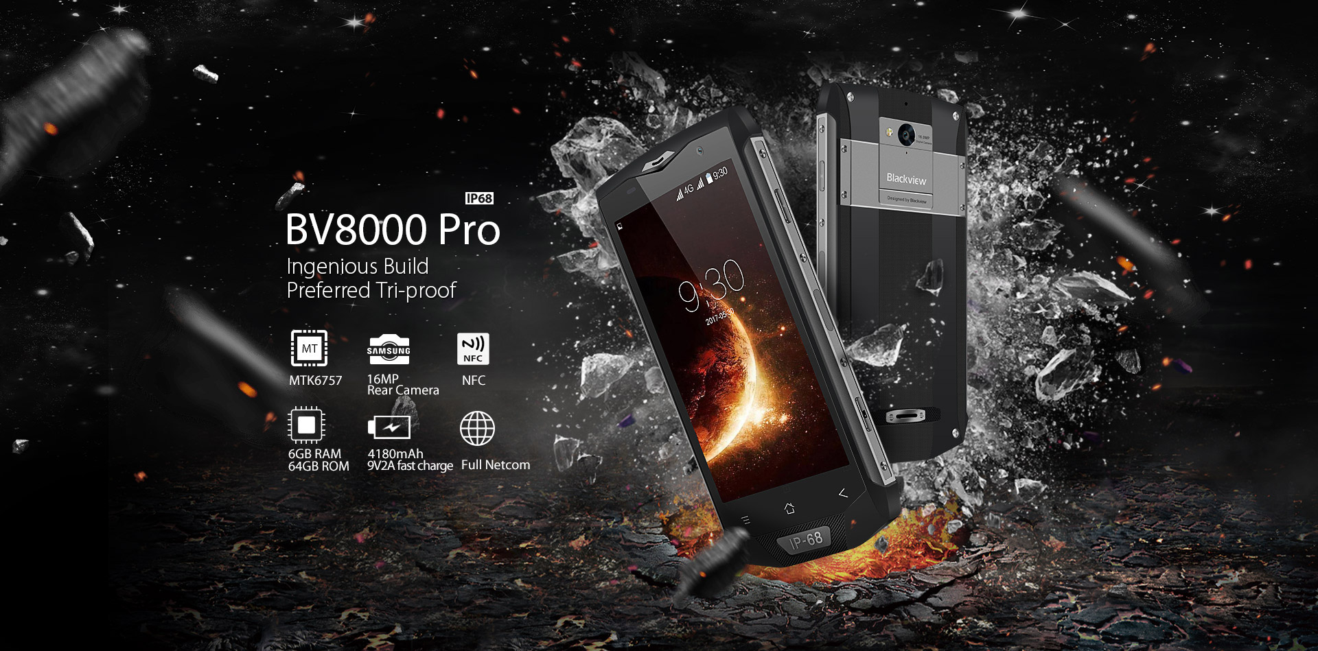 [HK Stock]Blackview BV8000 Pro 5.0 Inch 4G LTE Smartphone Waterproof IP68 FHD Screen 6GB 64GB MTK6757 Octa-core 16.0MP Cam Android 7.0 4180mAh NFC OTG Touch ID - Gold