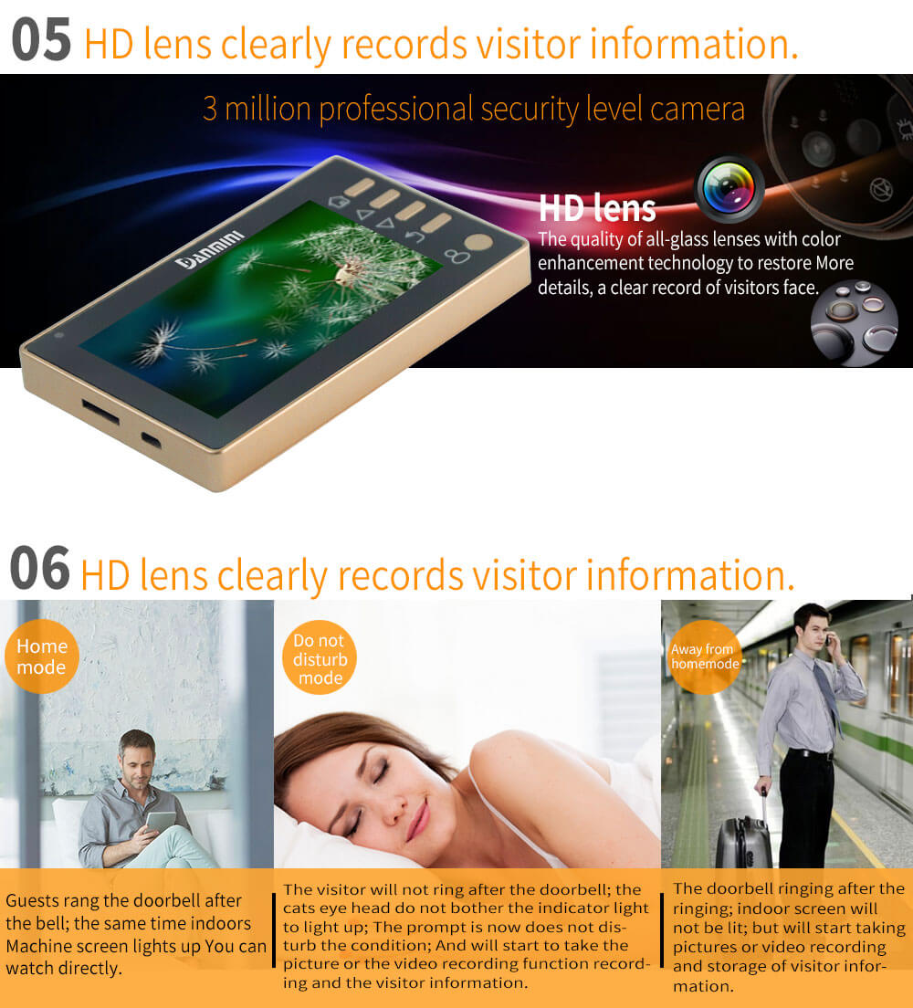 Danmini YB-43CHD-M Digital Peephole Viewer Camera 2MP 4.3 inch PIR Motion Sensor IR Night Vision Door Bell -Gold