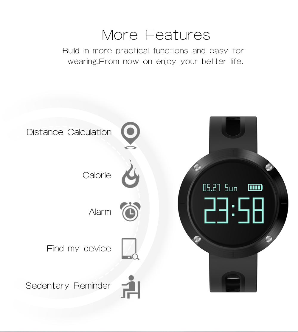 Makibes DM58 Smart Watch Bluetooth Heart Rate Blood Pressure Monitor Health Tracker IP68 Water Resistant Compatible with iOS Android - Black