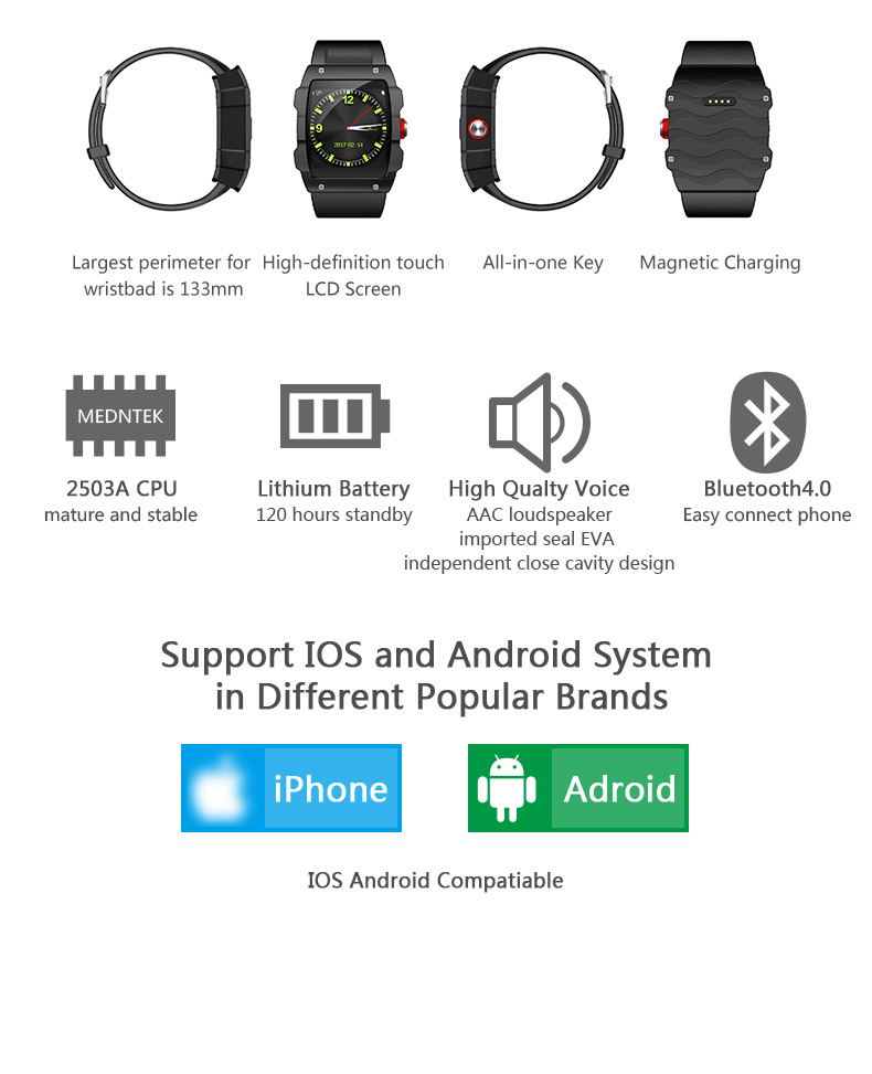 W01 Smart Watch MTK2503 Bluetooth 4.0 GPS Activity Tracker Pedometer Sedentary Reminder Compatible with IOS Android - Black