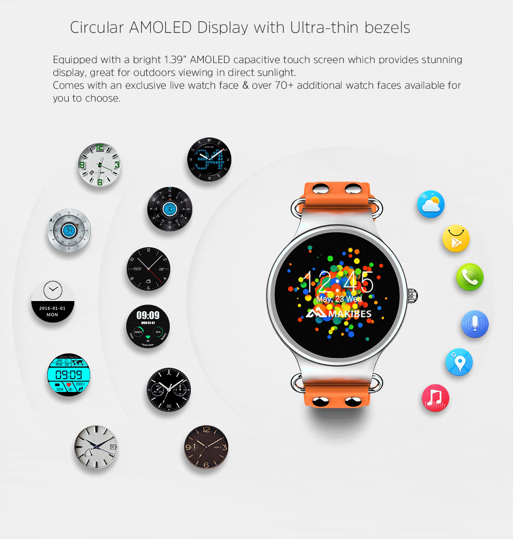 Makibes Talk T1 3G Smartwatch Phone 1.39 Inch AMOLED Screen MTK6580 Heart Rate Monitor GPS Google Play Google Now 512MB RAM 8GB ROM for Android iOS - Orange