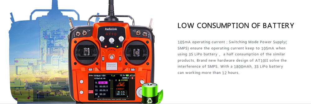 Radiolink AT10II 2.4G 12CH DSSS&FHSS Transmitter with R12DS Receiver Mode 2 - Orange
