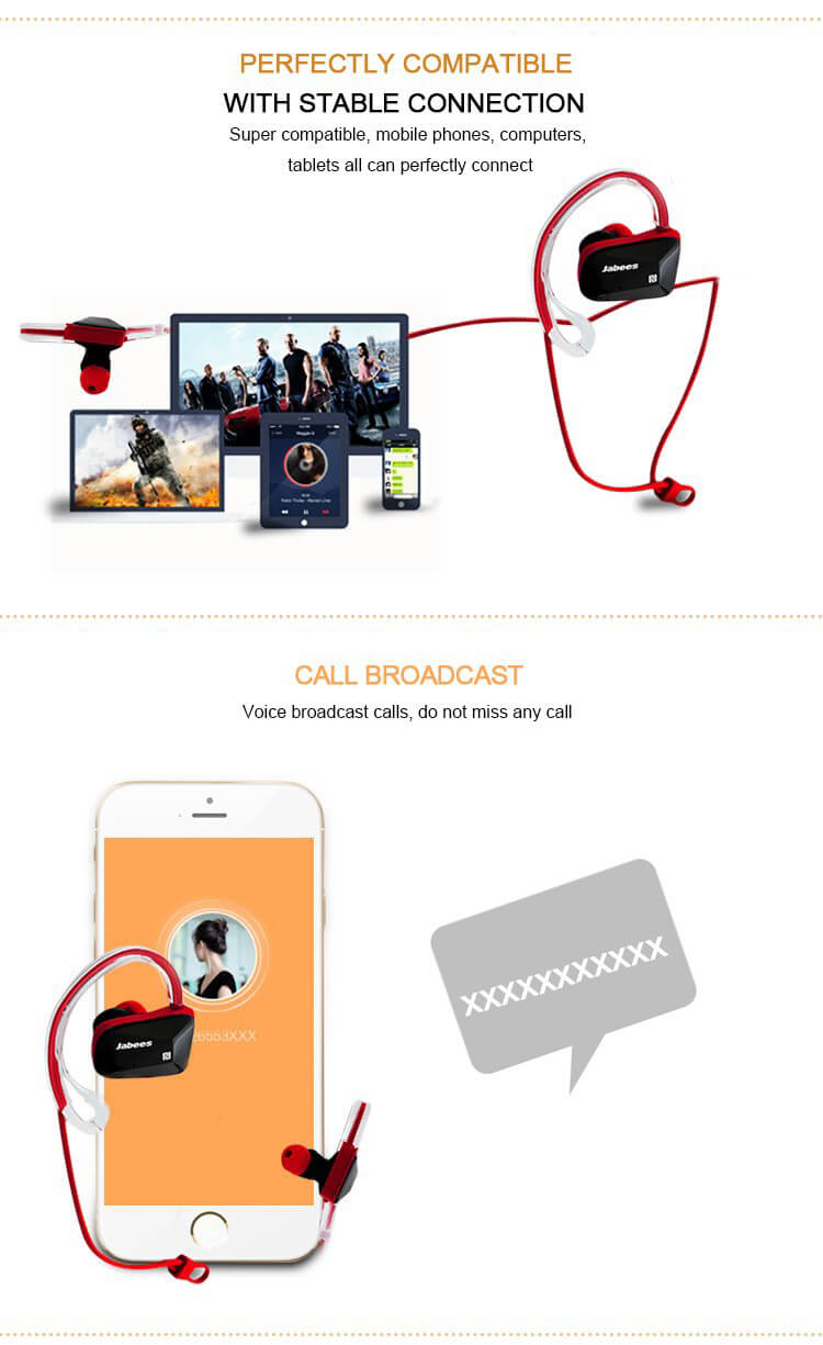 Jabees BSport Wireless Bluetooth Waterproof Headphone APTX NFC Sport Earphone with Microphone - Red