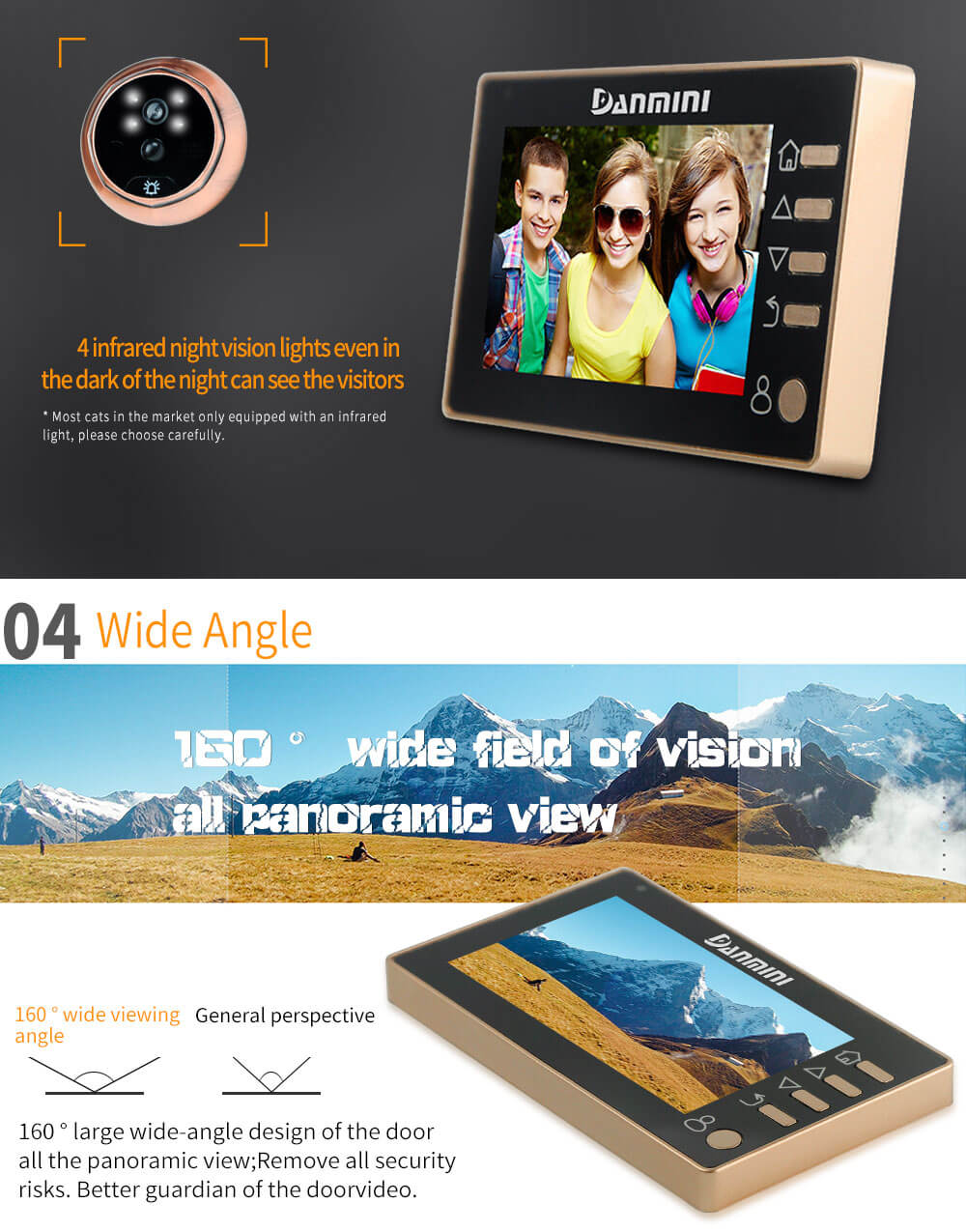 Danmini YB-43CHD-M Digital Peephole Viewer Camera 2MP 4.3 inch PIR Motion Sensor IR Night Vision Door Bell -Gold