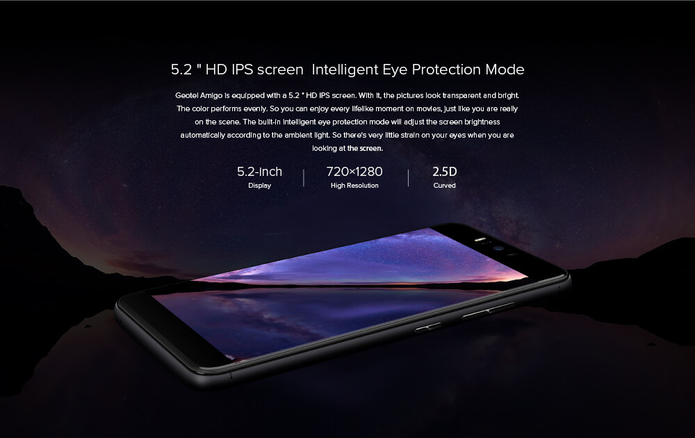 Geotel Amigo 5.2 Inch Smartphone HD 3GB RAM 32GB ROM 13.0MP MTK6753 Octa Core 1.3GHz Android 7.0 Touch ID 3000mAh  - Black