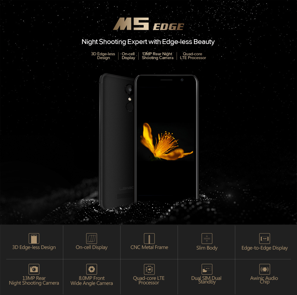 [HK Stock]Leagoo M5 Edge 5.0 Inch 4G LTE Smartphone HD Screen 2GB RAM 16GB ROM 13.0MP Cam MT6737 Quad Core Android 6.0 Touch ID - Black