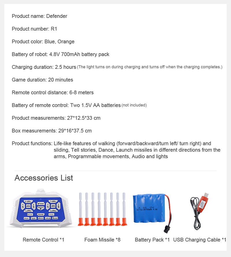 JJRC R1 Defender Files Programmable Remote Control Intelligent RC Robot - Orange