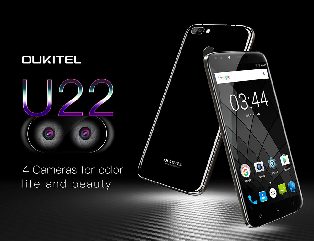 [HK Stock]Oukitel U22 5.5 Inch Smartphone Four Cameras HD Screen 2GB 16GB MTK6580A 8.0MP Android 7.0 Touch ID 2700mAh - Jet Black