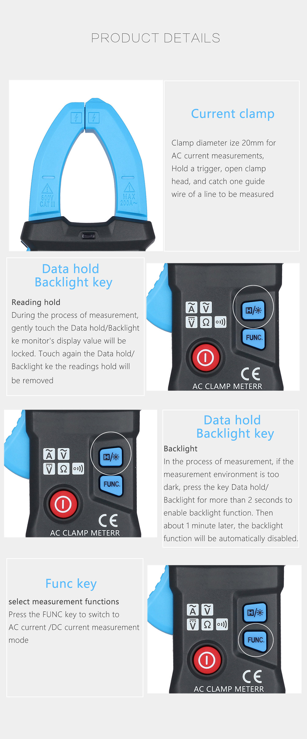 BSIDE ACM23 Digital Clamp Meter 6000 Counts with Data Hold Auto Range