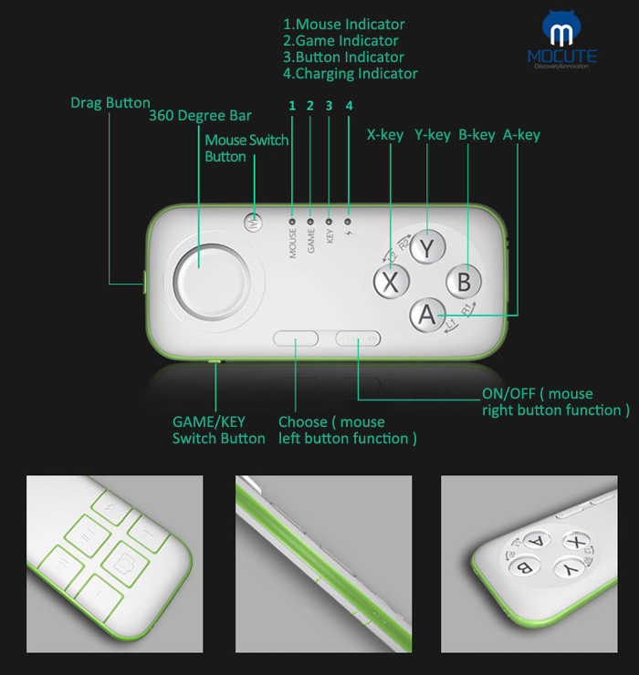 MOCUTE Bluetooth V3.0 Selfie Remote Controller Gamepad with Wireless Mouse Ebook Flip Functions - Blue