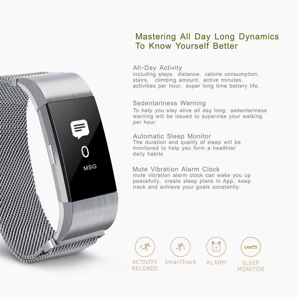 S18 Smart Wrist Band Bluetooth Heart Rate Blood Pressure Monitor Smart Bracelet Health Tracker IP54 Water Resistant Compatible with iOS Android - Silver