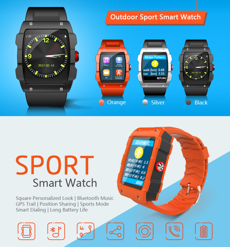 W01 Smart Watch MTK2503 Bluetooth 4.0 GPS Activity Tracker Pedometer Sedentary Reminder Compatible with IOS Android - Black