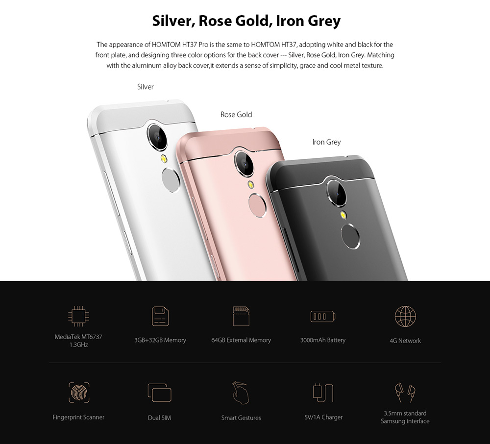 [HK Stock]HOMTOM HT37 Pro 5.0 Inch Smartphone HD 2.5D Screen 3GB RAM 32GB ROM 8.0MP Cam MT6737 Quad Core Android 7.0 Touch ID - Gray