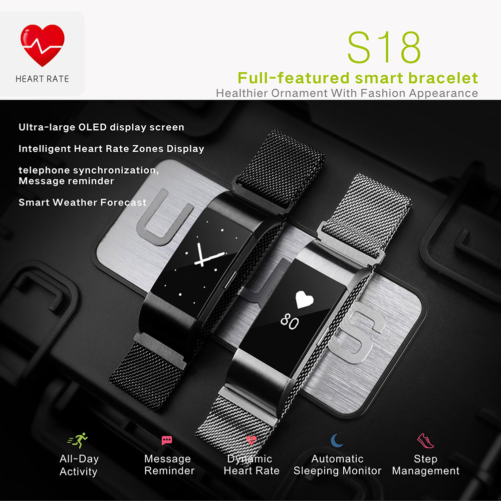 S18 Smart Wrist Band Bluetooth Heart Rate Blood Pressure Monitor Smart Bracelet Health Tracker IP54 Water Resistant Compatible with iOS Android - Silver