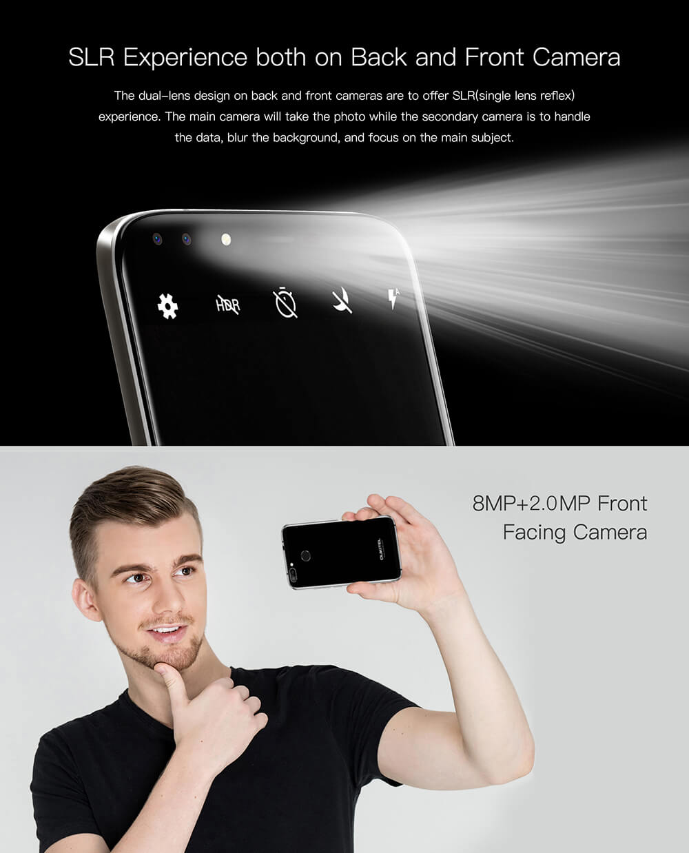 [HK Stock]Oukitel U22 5.5 Inch Smartphone Four Cameras HD Screen 2GB 16GB MTK6580A 8.0MP Android 7.0 Touch ID 2700mAh - Jet Black