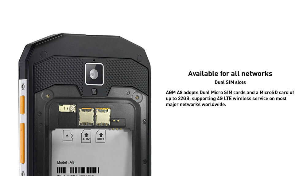 [HK Stock][EU Version]AGM A8 5.0 Inch 4G LTE Smartphone IP68 Waterproof 4GB 64GB Qualcomm MSM8916 Quad Core 13.0MP Cam Android 7.0 OTG NFC 4050mAh - Black