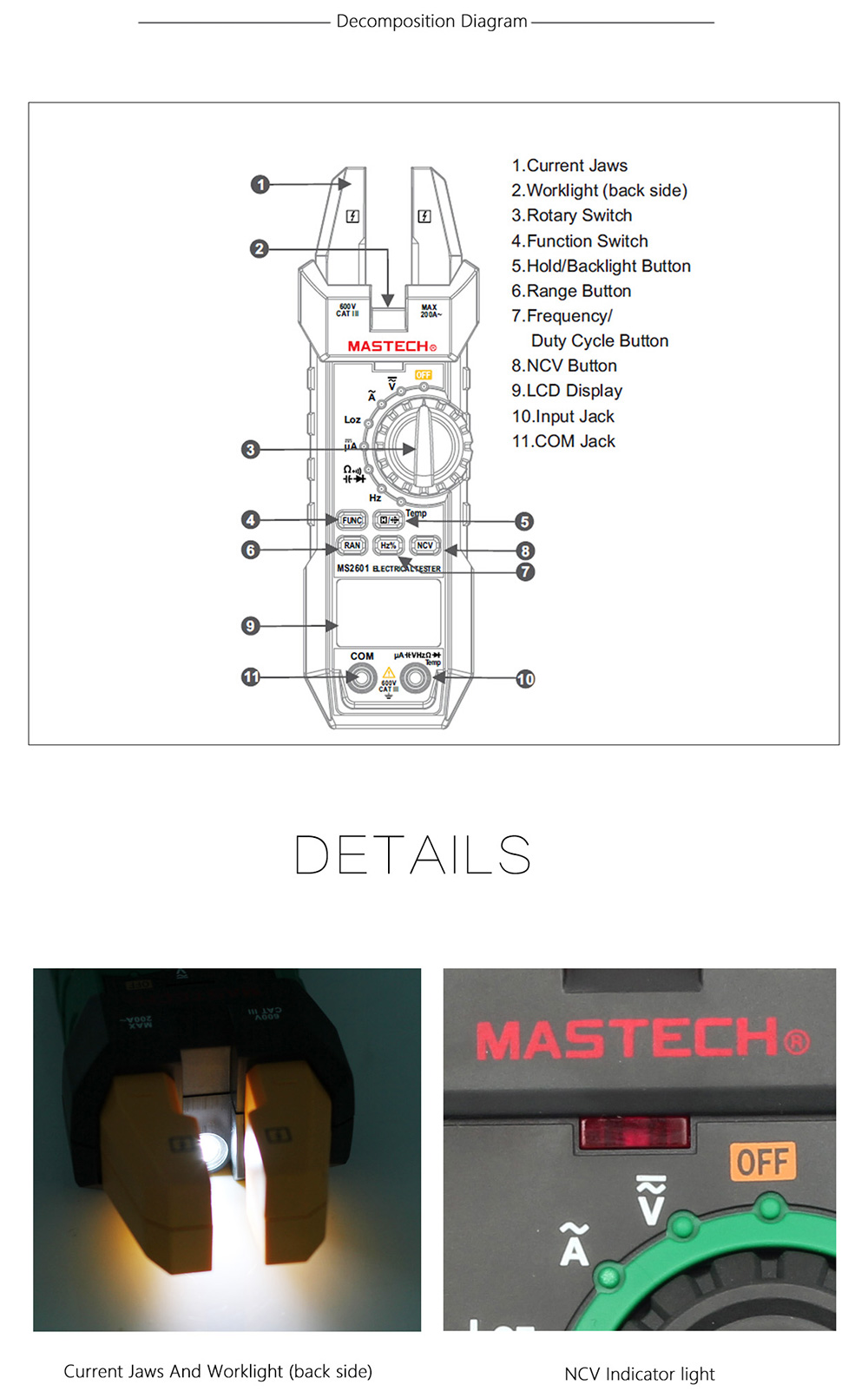 Mastech MS2601 12mm Voltage Current Resistance Diodes Digital Tester