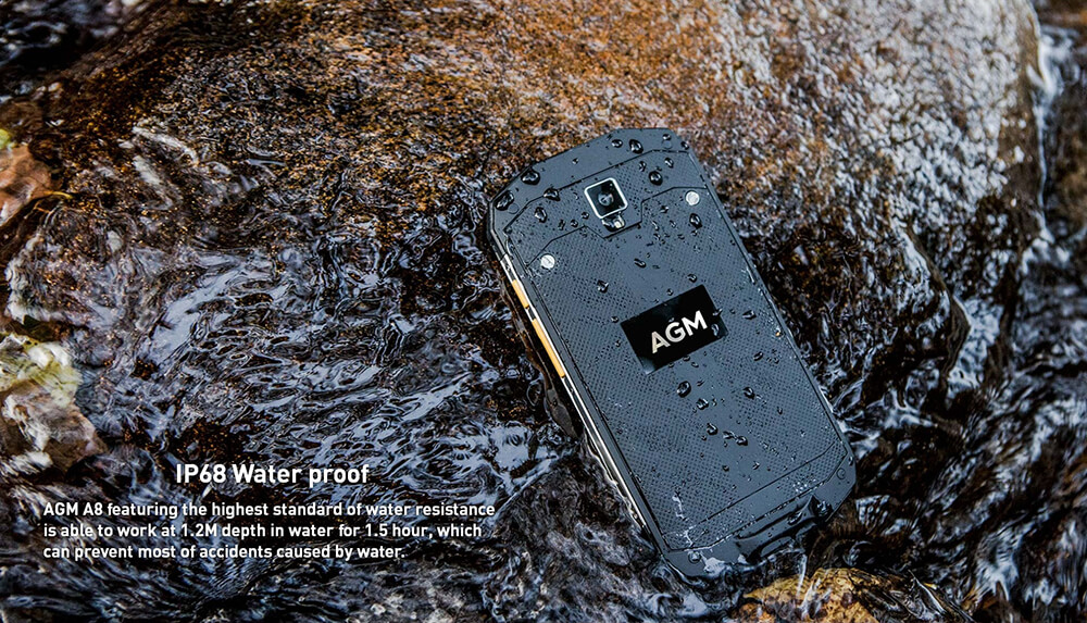 [HK Stock]AGM A8 SE 5.0 Inch 4G LTE Smartphone IP68 Waterproof 4GB 64GB Qualcomm MSM8916 Quad Core 13.0MP Cam Android 7.0 OTG NFC 4050mAh - Black