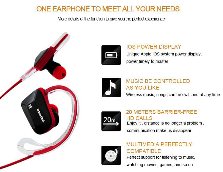 Jabees BSport Wireless Bluetooth Waterproof Headphone APTX NFC Sport Earphone with Microphone - Red