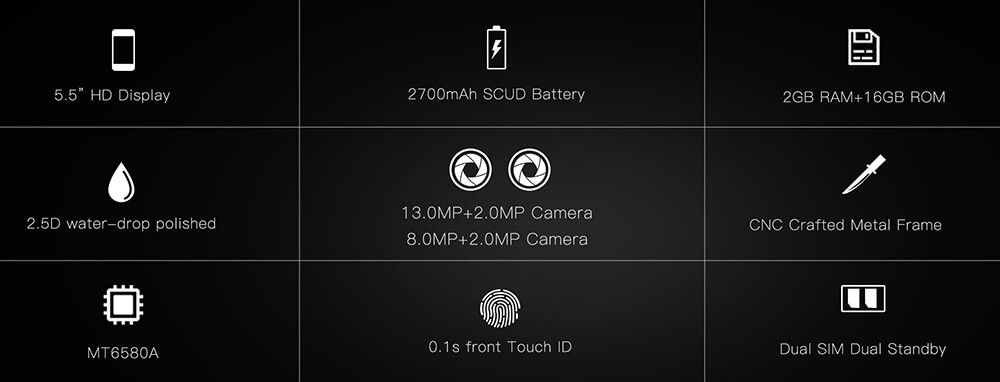 [HK Stock]Oukitel U22 5.5 Inch Smartphone Four Cameras HD Screen 2GB 16GB MTK6580A 8.0MP Android 7.0 Touch ID 2700mAh - Jet Black