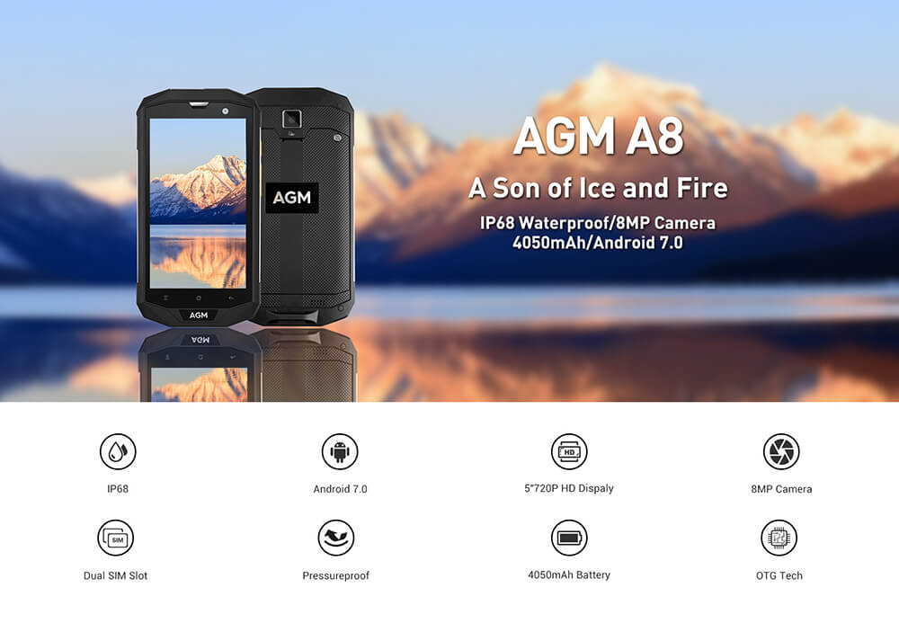 [HK Stock]AGM A8 SE 5.0 Inch 4G LTE Smartphone IP68 Waterproof 4GB 64GB Qualcomm MSM8916 Quad Core 13.0MP Cam Android 7.0 OTG NFC 4050mAh - Black