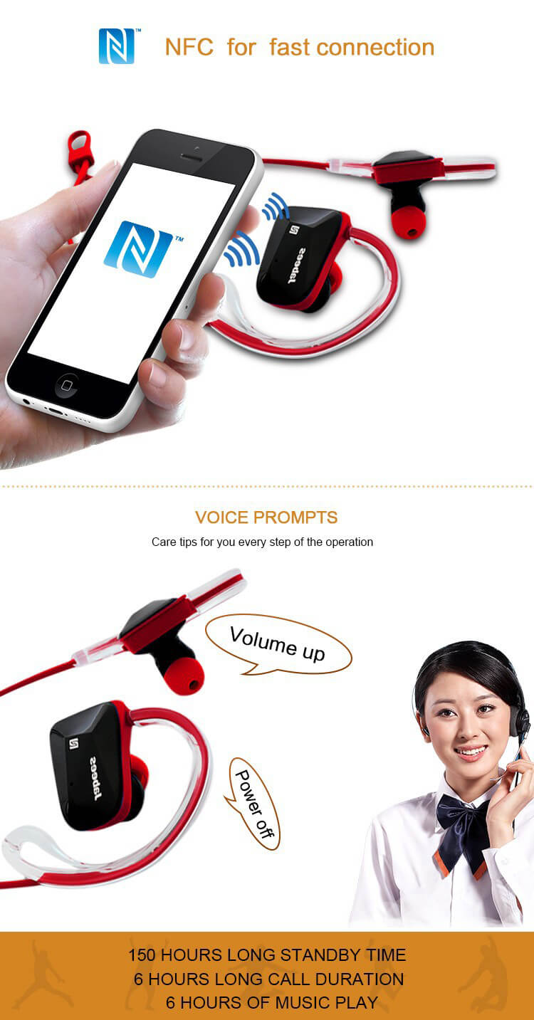 Jabees BSport Wireless Bluetooth Waterproof Headphone APTX NFC Sport Earphone with Microphone - Red