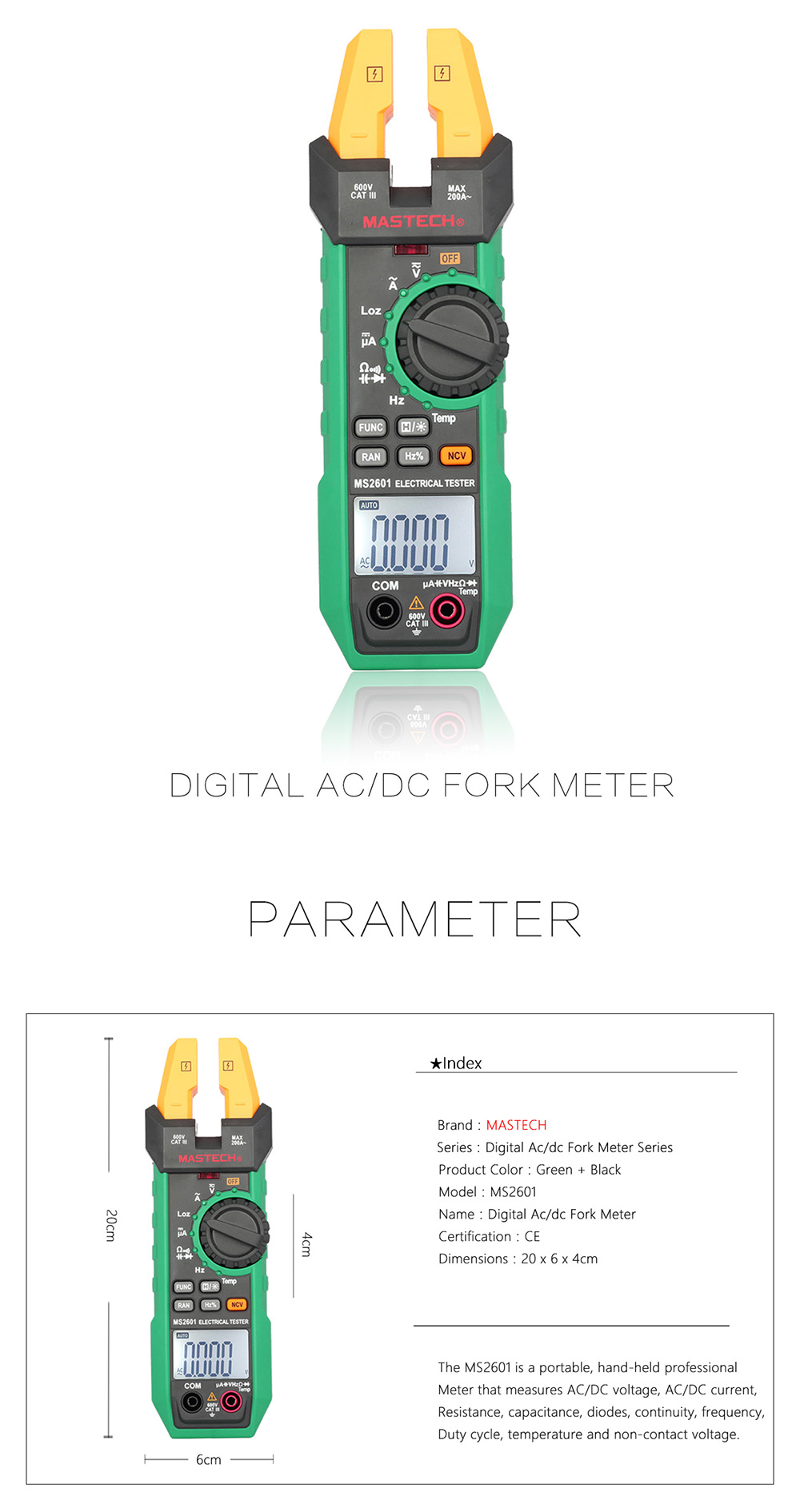 Mastech MS2601 12mm Voltage Current Resistance Diodes Digital Tester