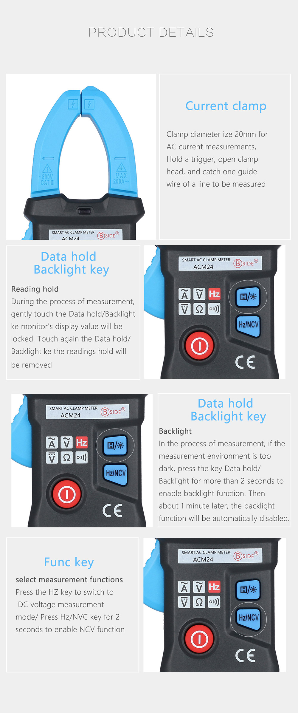 BSIDE ACM24 Digital Clamp Meter with 6000 Counts Data Hold Auto Range
