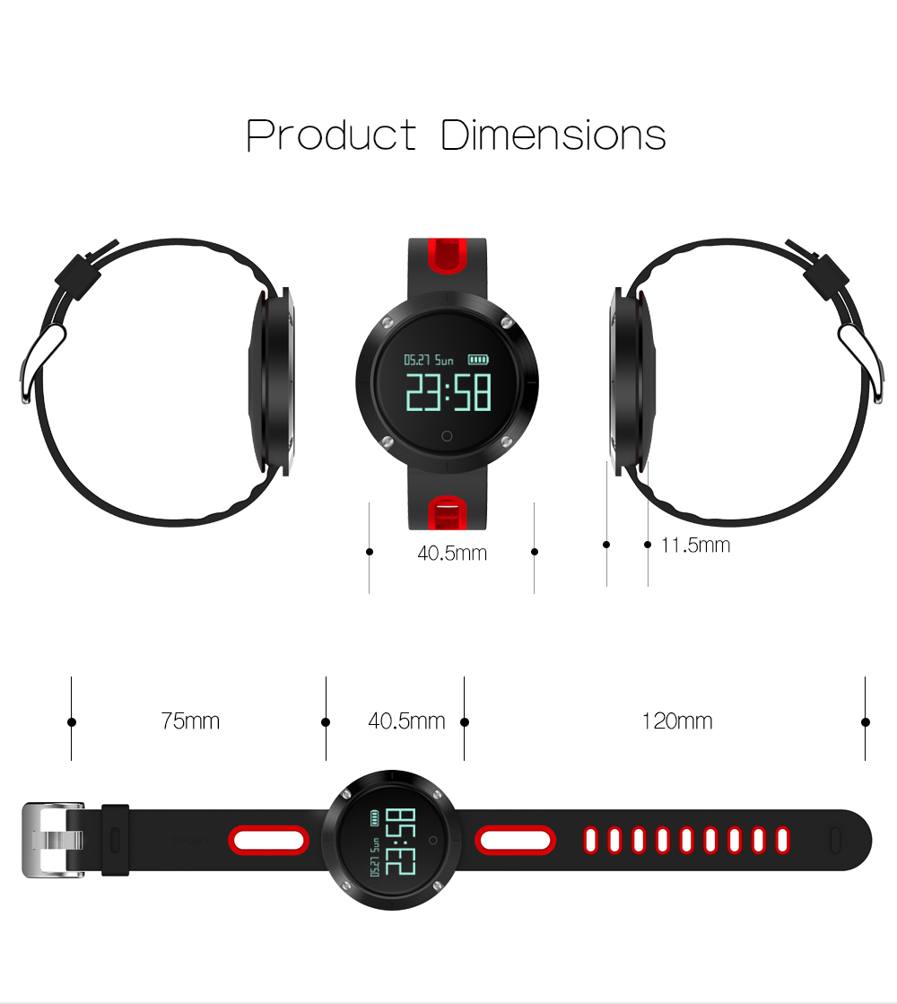 Makibes DM58 Smart Watch Bluetooth Heart Rate Blood Pressure Monitor Health Tracker IP68 Water Resistant Compatible with iOS Android - Black