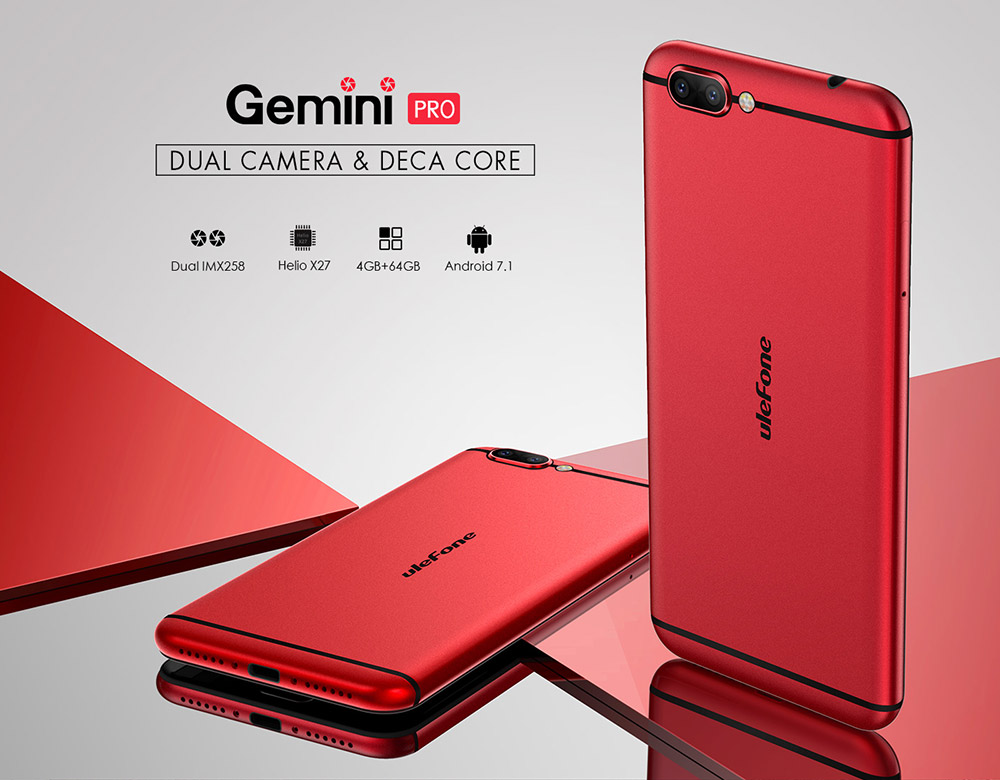[HK Stock]Ulefone Gemini Pro 5.5 Inch 4G LTE Smartphone Dual Cam 13.0MP 4GB 64GB Helio X27 MTK6797 Deca Core Android 7.1 Touch ID Type-C 3680mAh - Red