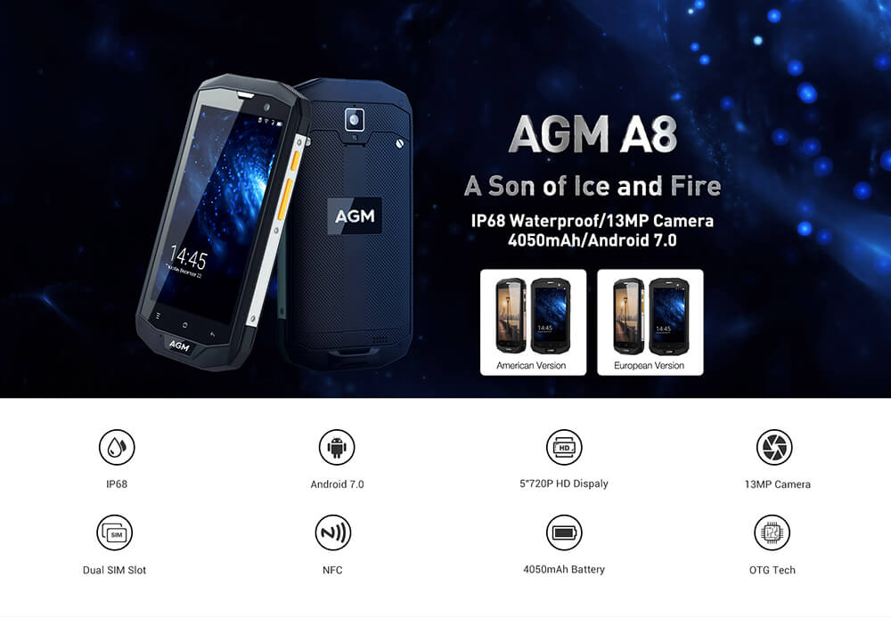 [HK Stock][EU Version]AGM A8 5.0 Inch 4G LTE Smartphone IP68 Waterproof 4GB 64GB Qualcomm MSM8916 Quad Core 13.0MP Cam Android 7.0 OTG NFC 4050mAh - Black