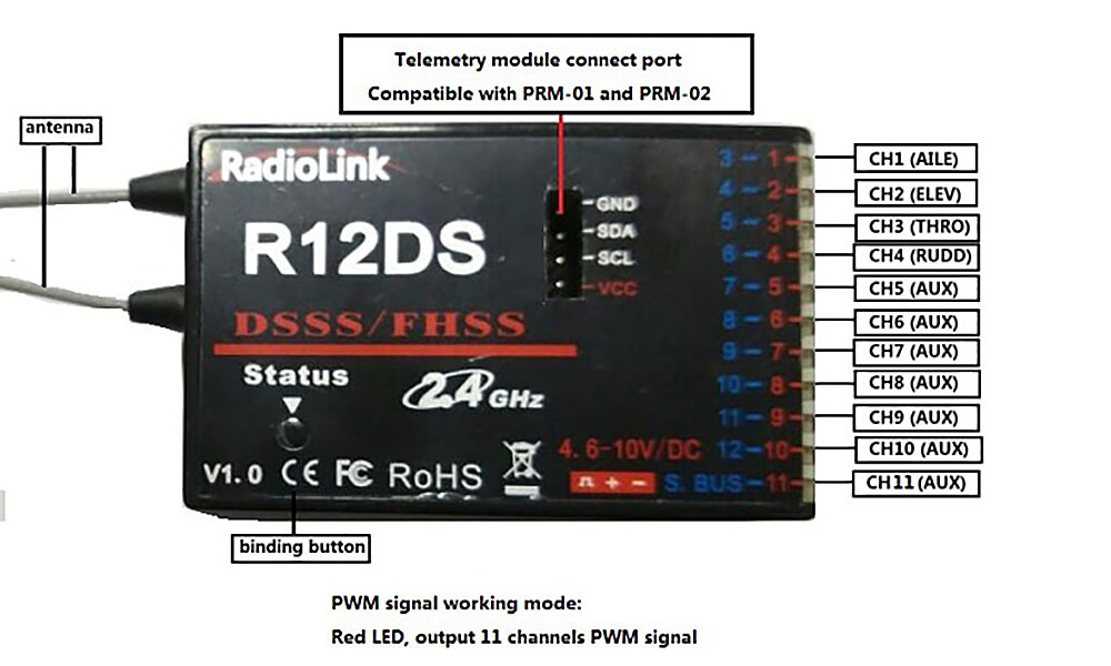 Radiolink AT10II 2.4G 12CH DSSS&FHSS Transmitter with R12DS Receiver Mode 2 - Orange