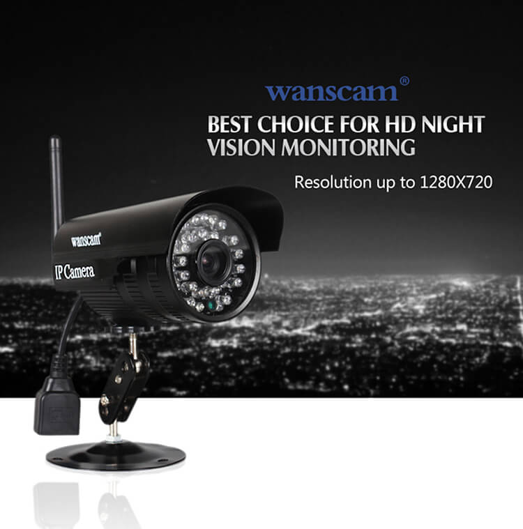 WANSCAM HW0052 IP Camera WiFi 720P ONVIF Motion Detection Waterproof IP66 COMS 1.0 MP Security Camera Black -US Plug