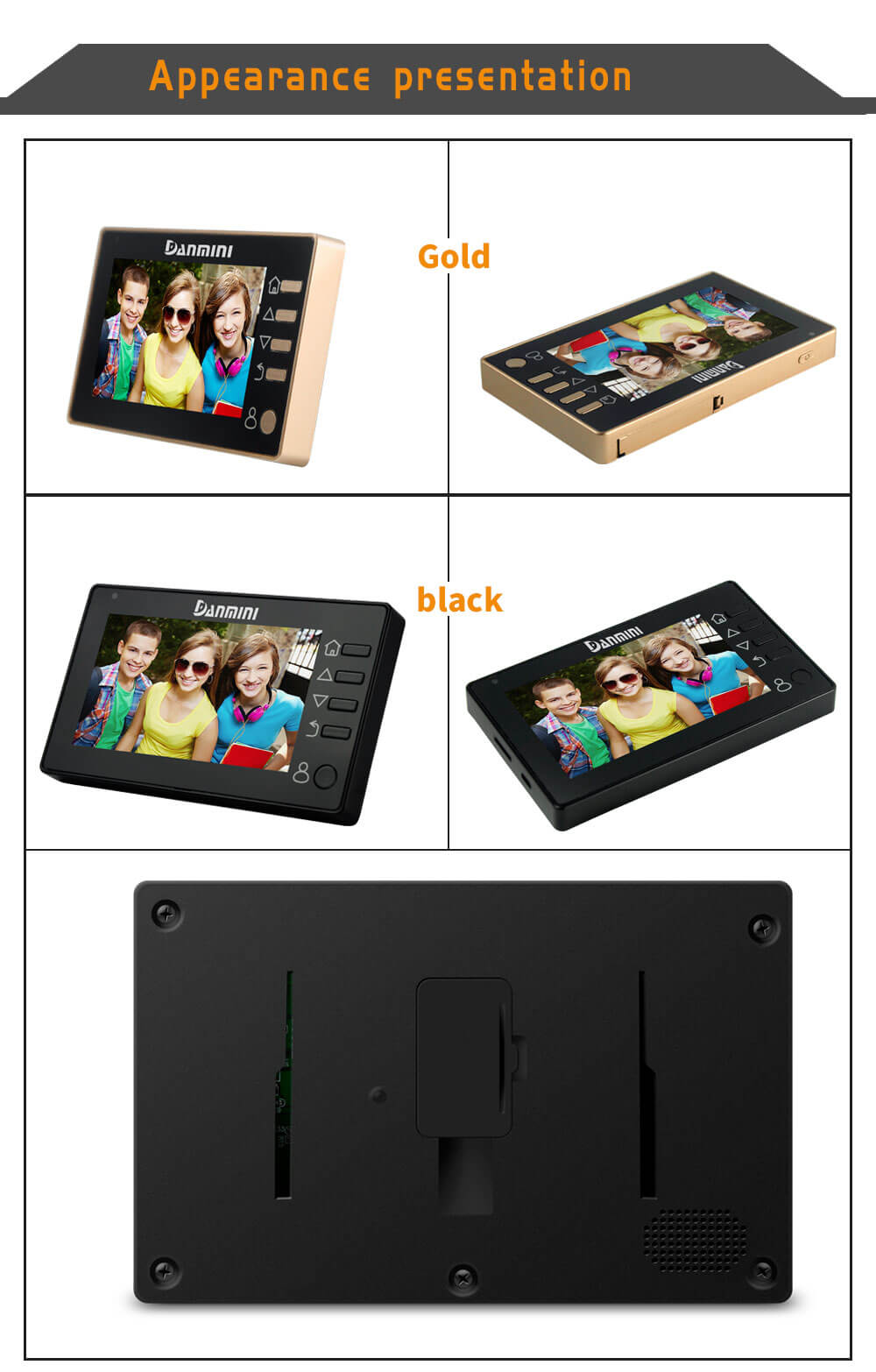 Danmini YB-43CHD-M Digital Peephole Viewer Camera 2MP 4.3 inch PIR Motion Sensor IR Night Vision Door Bell -Gold