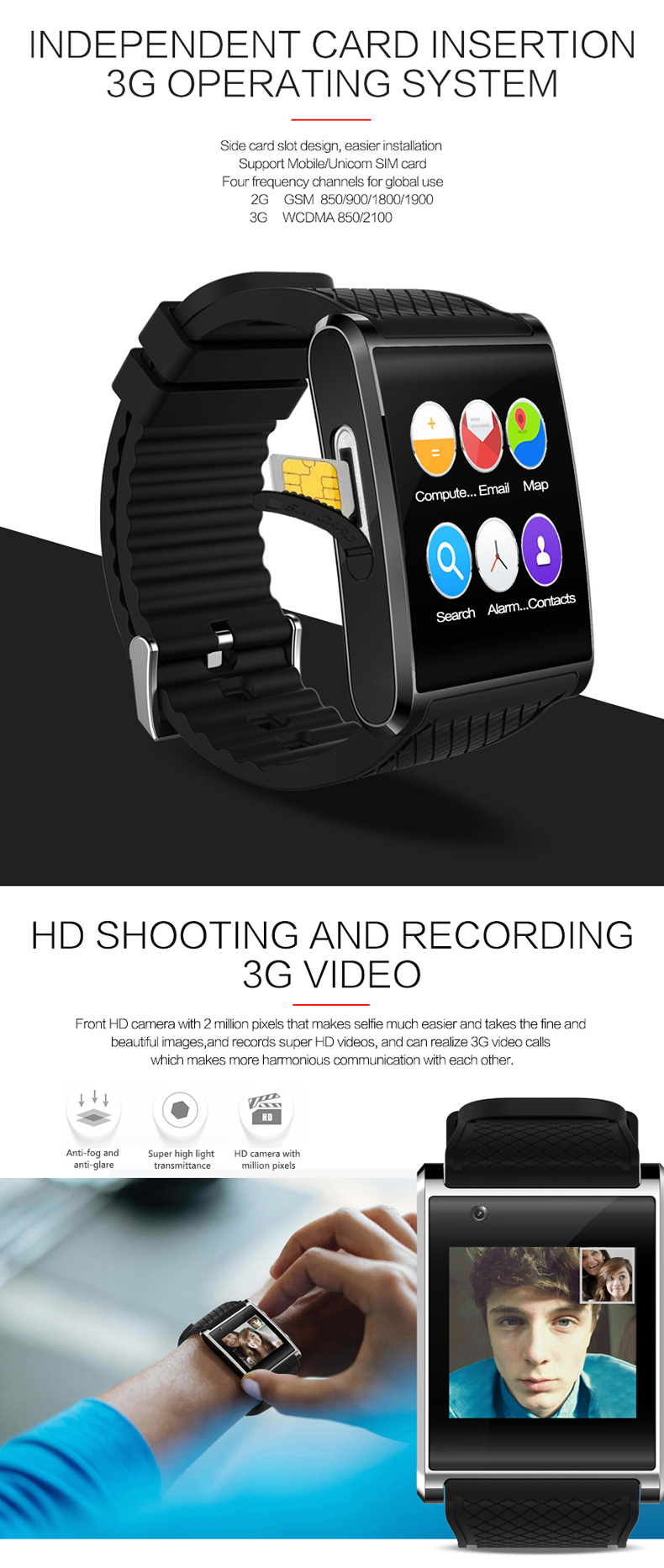 X11 3G Smartwatch Phone Android 5.1 MTK6580 Quad Core 1.3GHz 512MB RAM 4GB ROM GPS Bluetooth 4.0 - Black